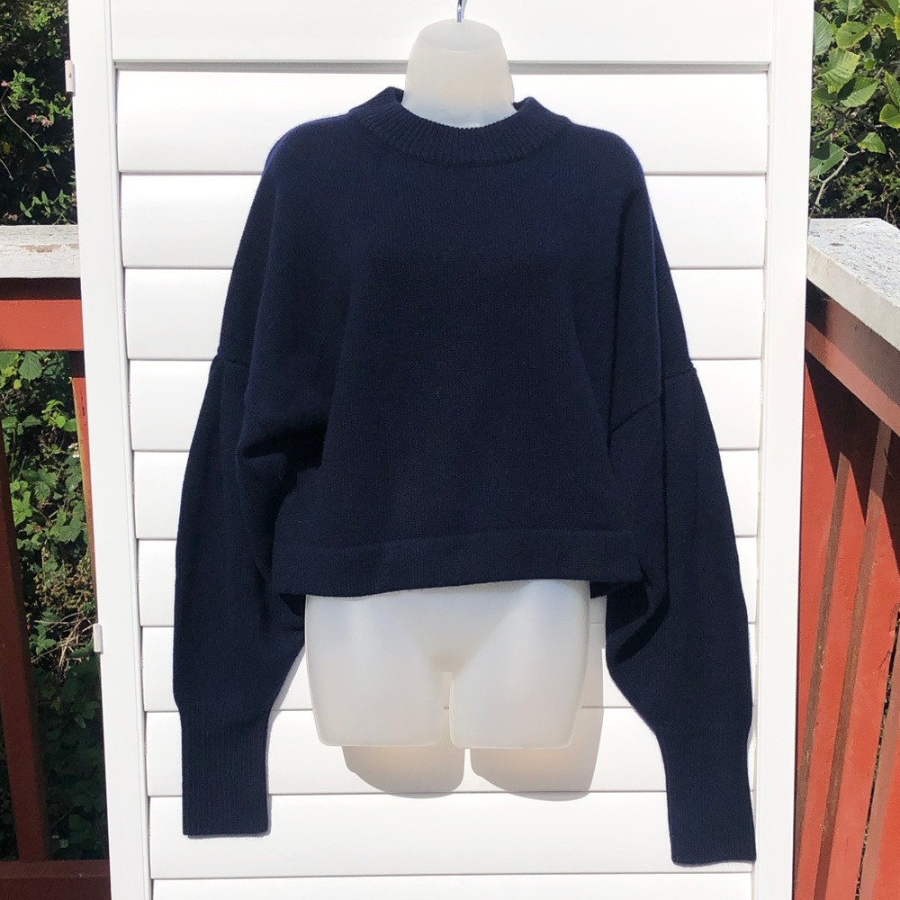Tibi Navy Boxy Cropped Cashmere Crewneck Sweater